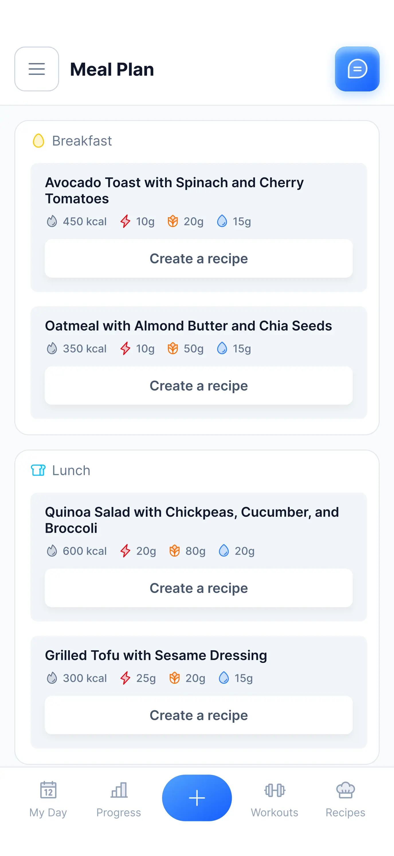 Personalized meal plan interface for nutritionists to create and share with patients