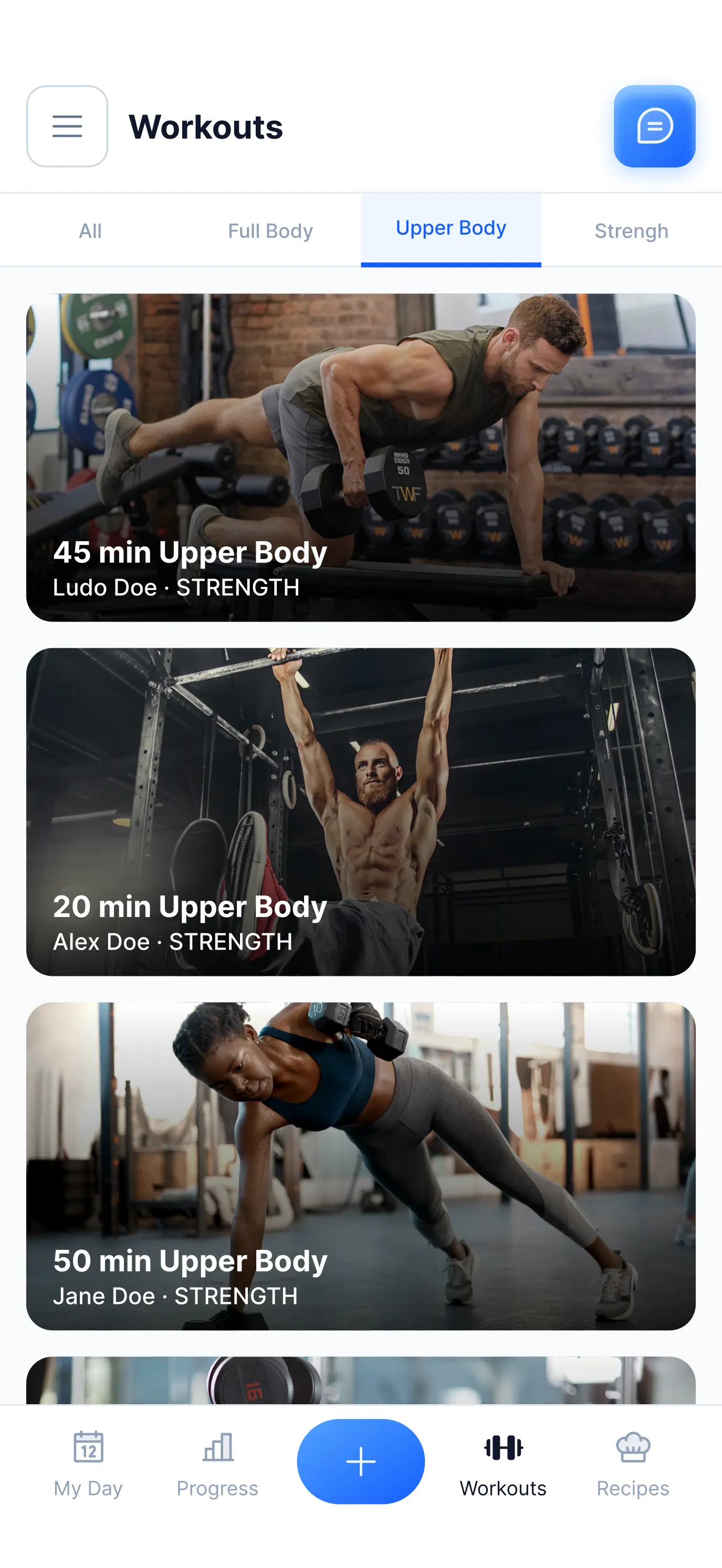 Structured workout plan interface for coaches and physical therapists to assign exercises to clients